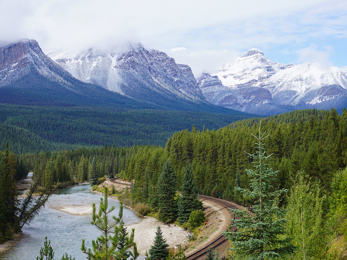 Stunning views of Banff to Lake Louise road biking route in the Canadian Rockies