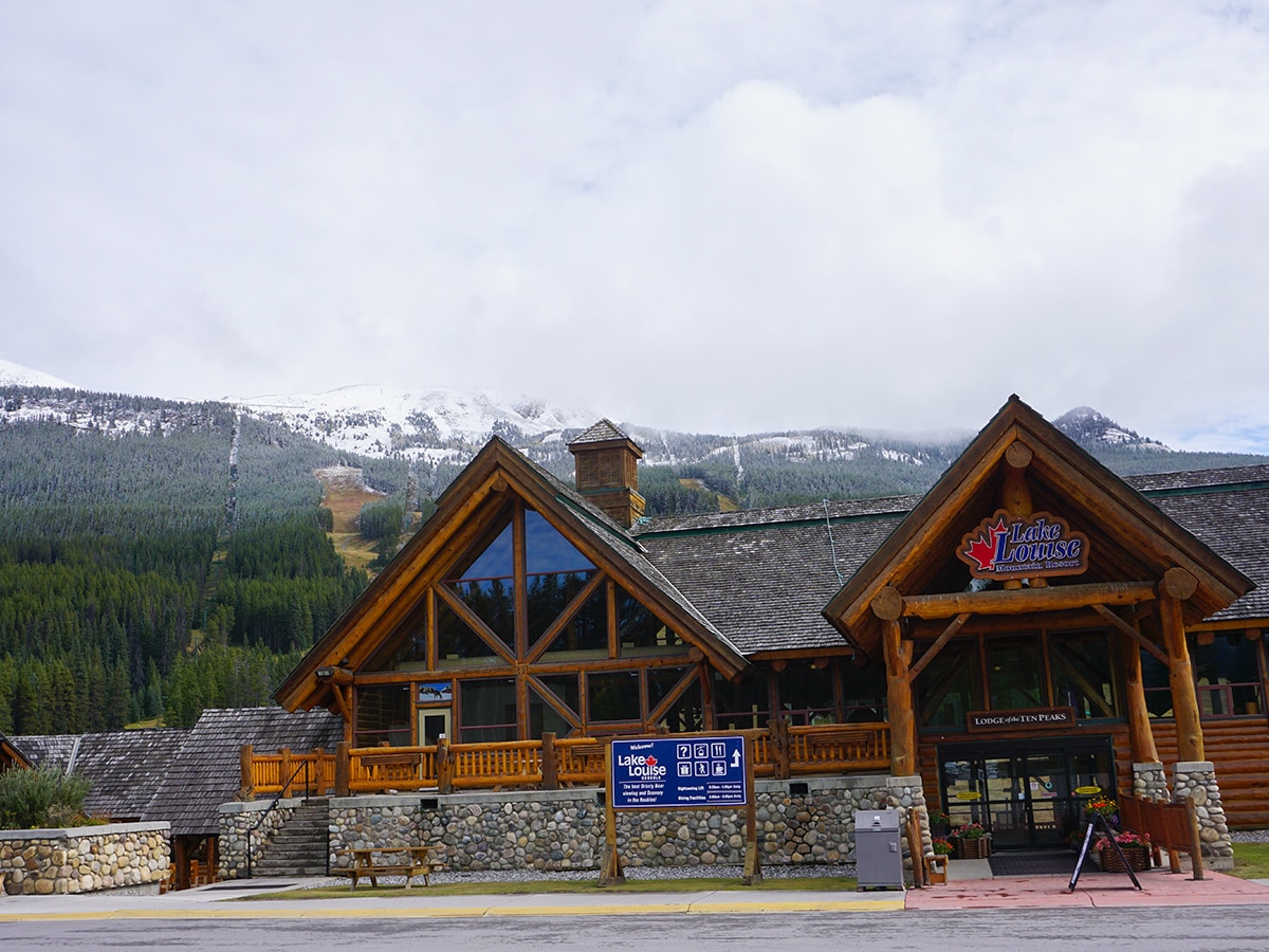 Lake Louise ski resort on Banff to Lake Louise road biking route in the Canadian Rockies