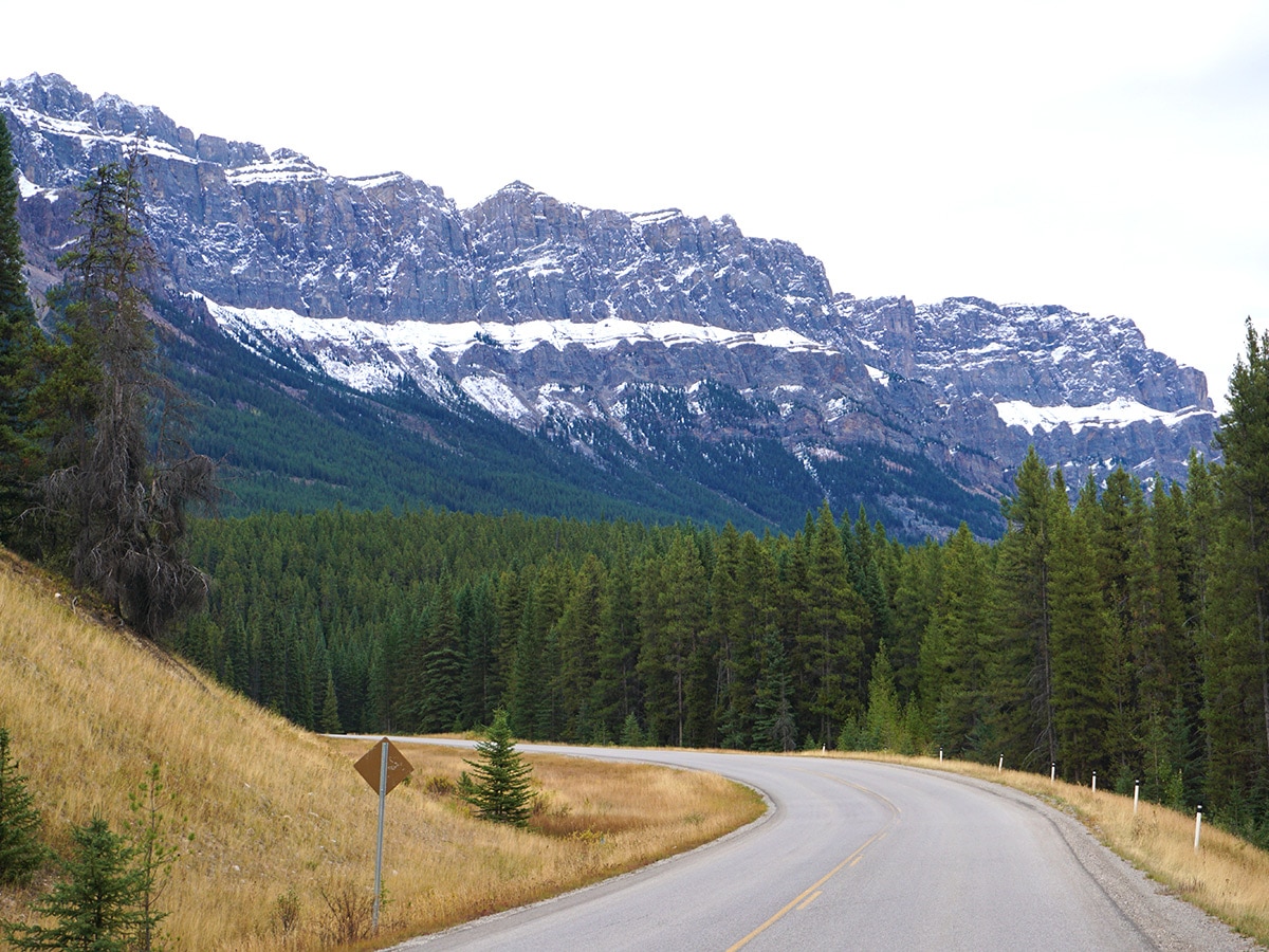 Stunning panorama on Banff to Lake Louise road biking route in the Canadian Rockies