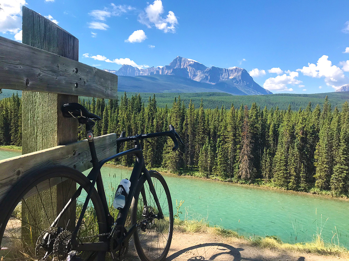 Stop near Bow River on Banff to Lake Louise road biking route in the Canadian Rockies