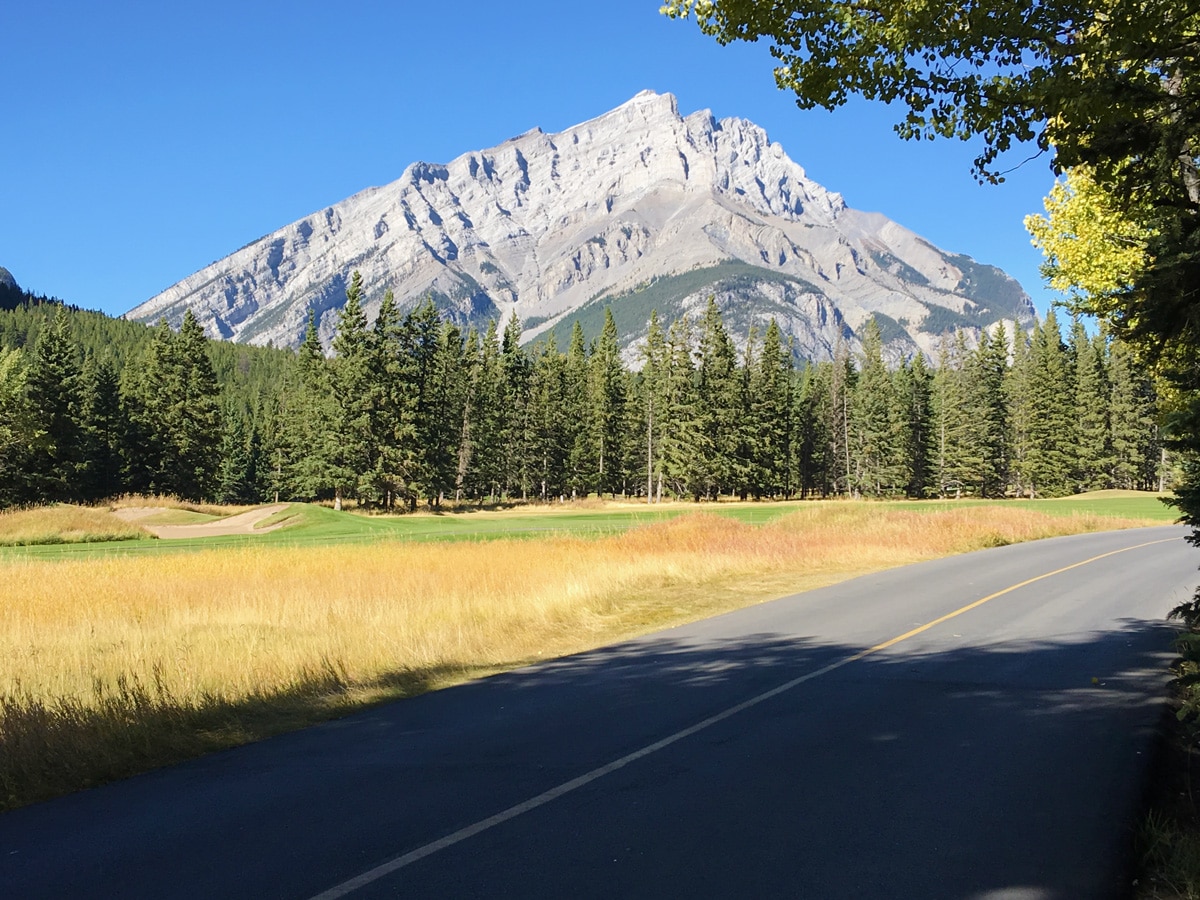 Great views all along Banff Springs Golf Course Loop road biking route in Banff National Park, Alberta
