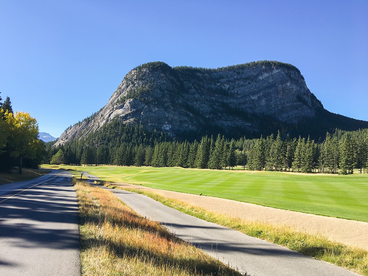 Amazing cycle on Banff Springs Golf Course Loop road biking route in Banff National Park, Alberta