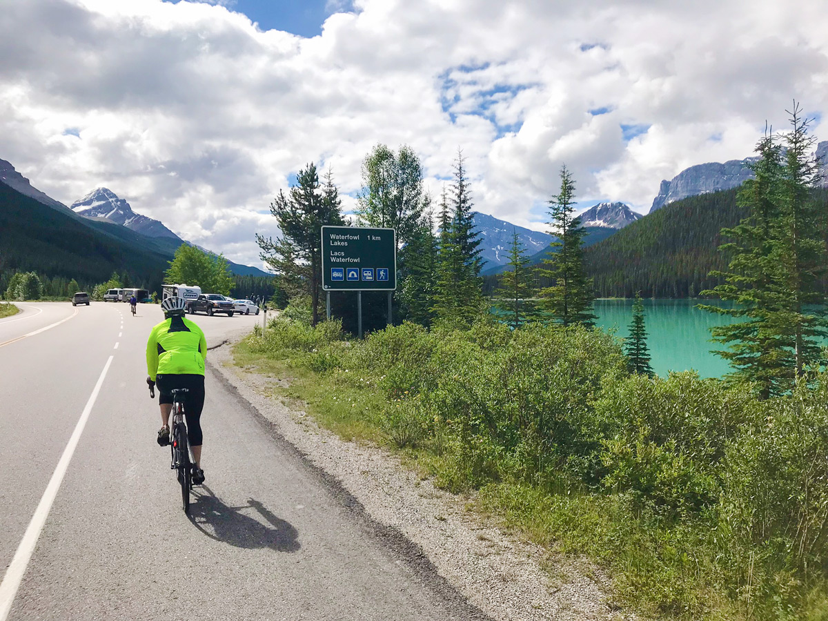 Cycling the Icefields Parkway near Waterfowl Lakes on Jasper to Banff road biking route