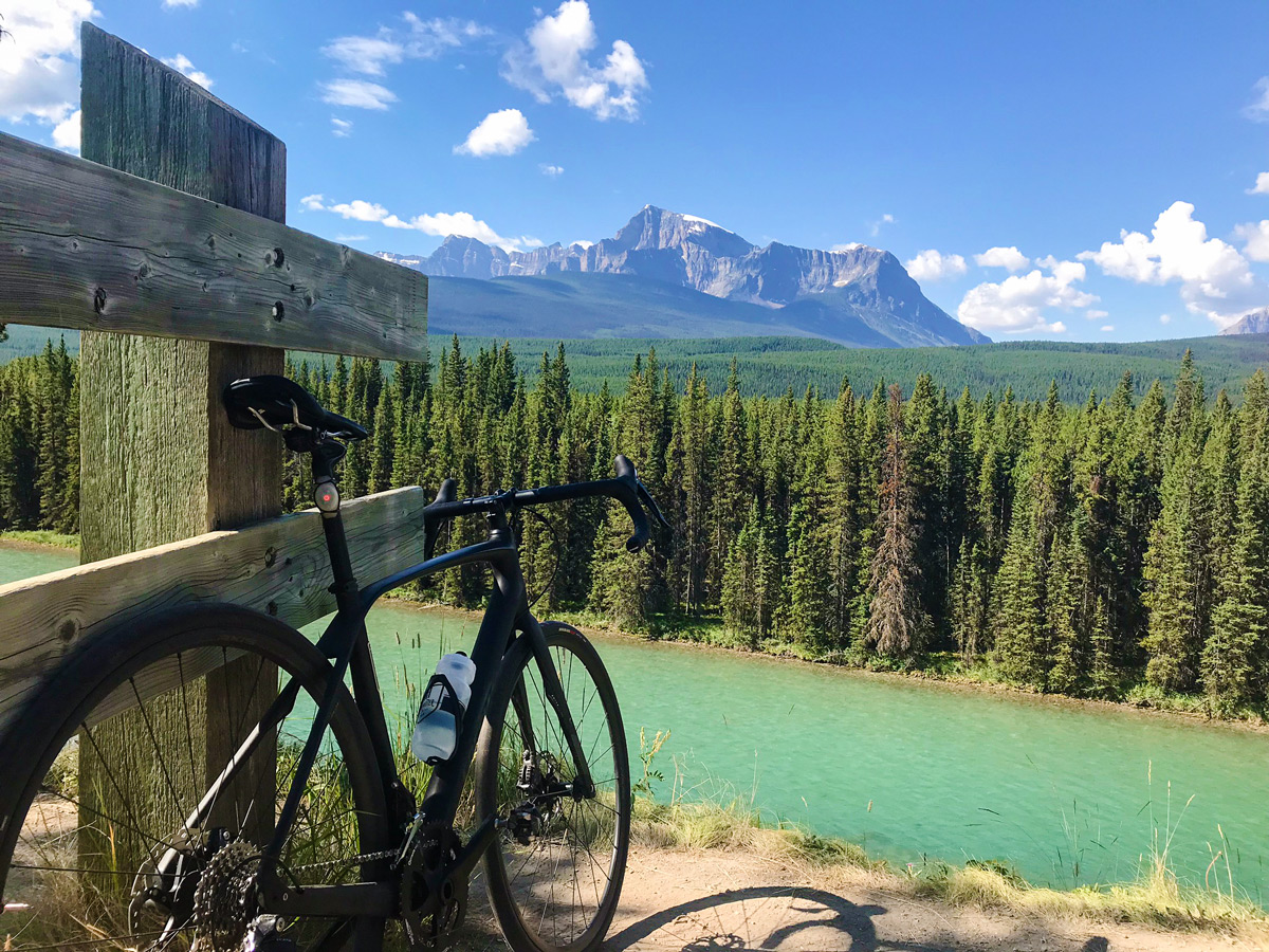 Viewpoint overlooking the Bow River on biking trip from Jasper to Banff
