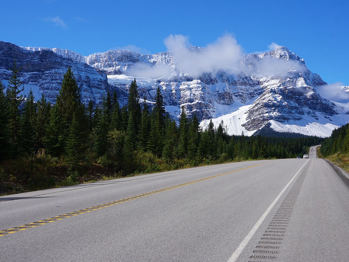 Big mountains and glaciers along Lake Louise to Bow Summit and Back road biking route in Banff National Park