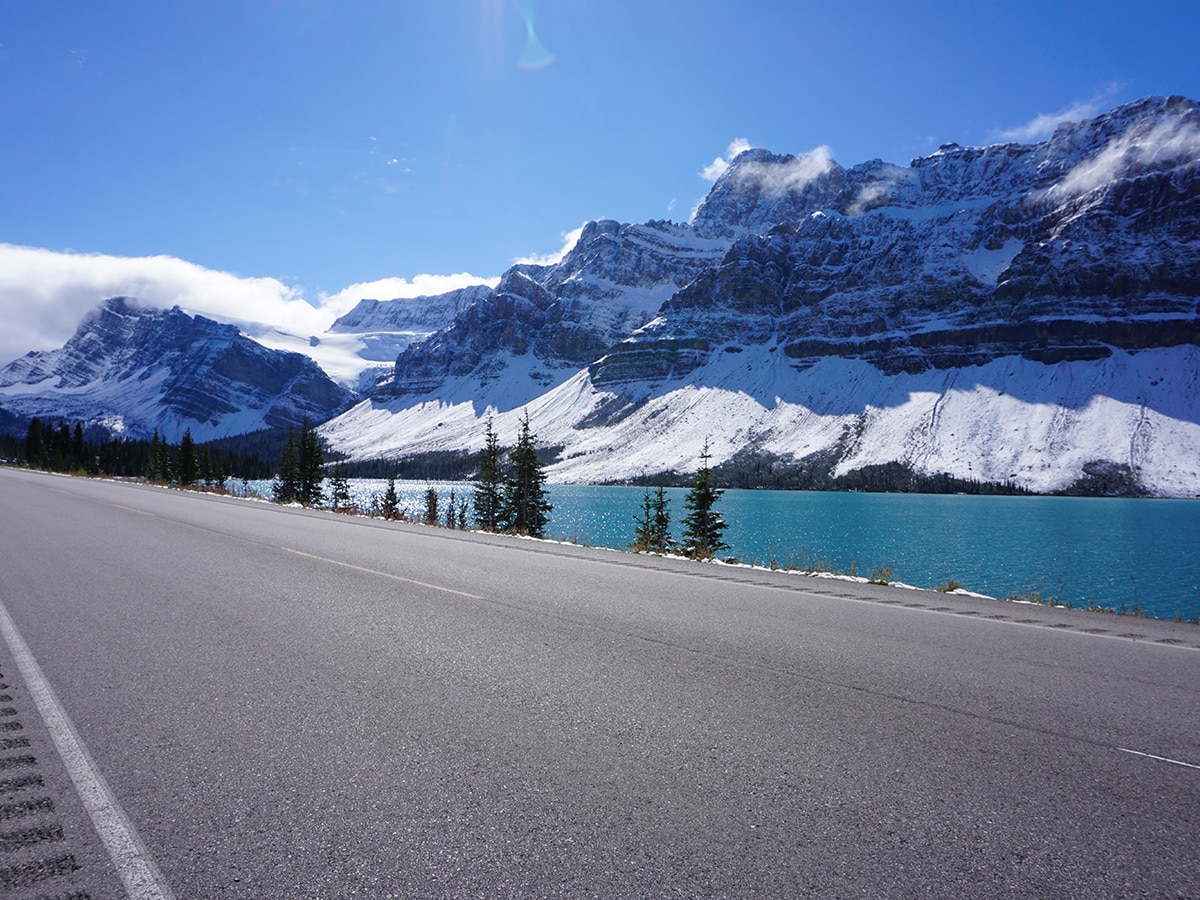 Riding past Bow Lake on Lake Louise to Bow Summit and Back road biking route in Banff National Park