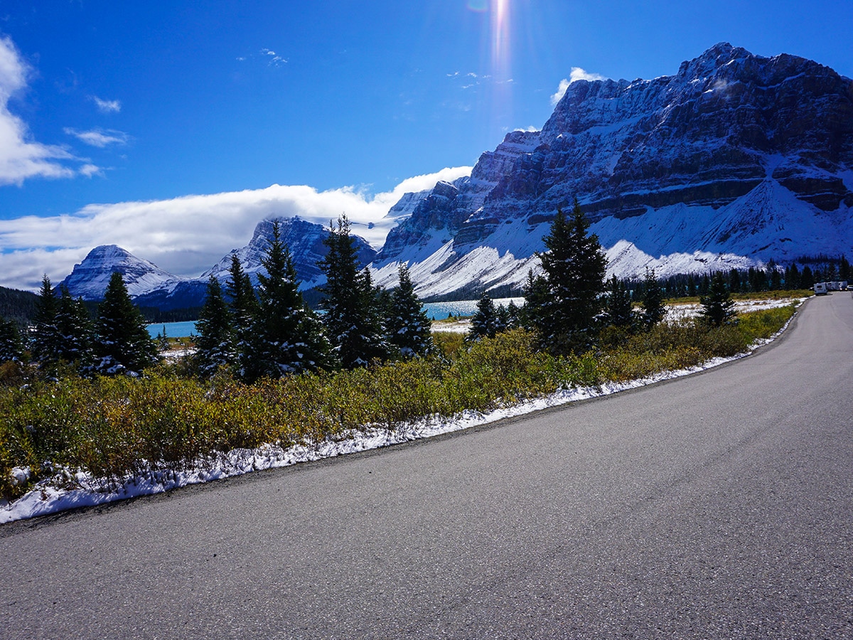 White peaks surrounding Lake Louise to Bow Summit and Back road biking route in Banff National Park
