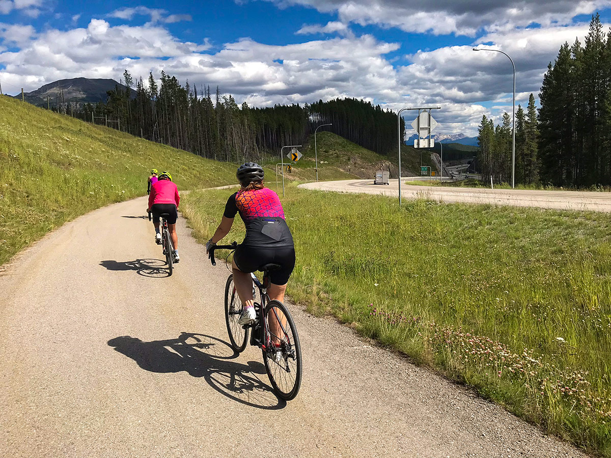 Bikers on Lake Louise to Bow Summit and Back road biking route in Banff National Park