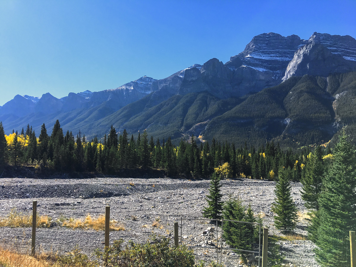 Nice views along Legacy Trail from Canmore to Banff road biking route in the Canadian Rockies