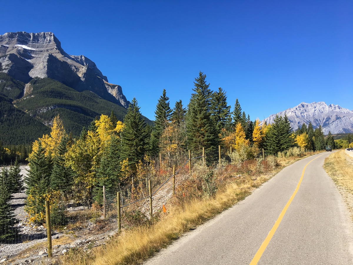 Clear riding on Legacy Trail from Canmore to Banff road biking route in the Canadian Rockies