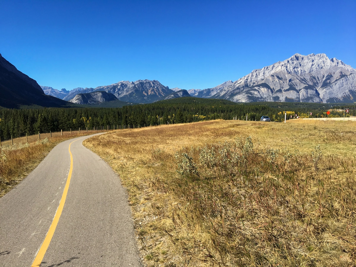 Nice views on Legacy Trail from Canmore to Banff road biking route in the Canadian Rockies