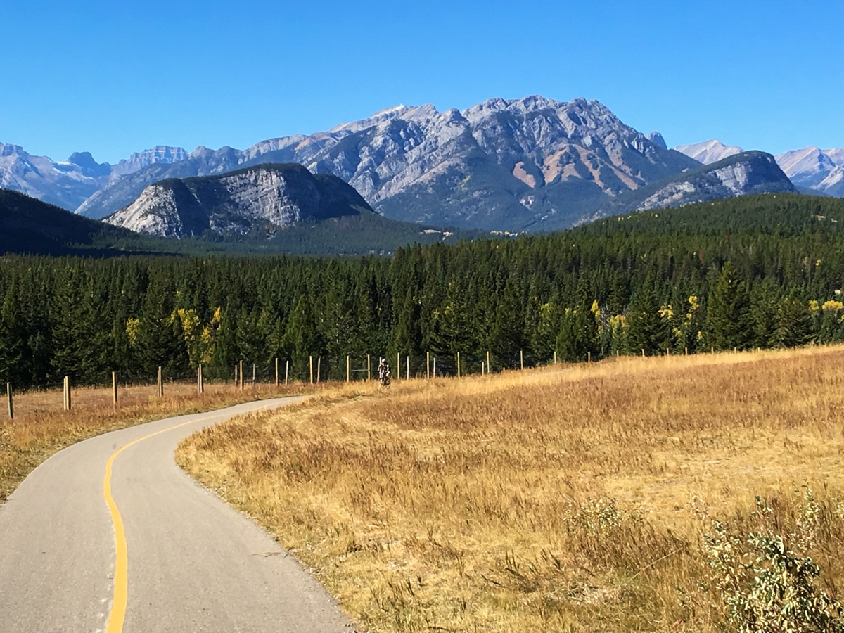 Beautiful scenery on Legacy Trail from Canmore to Banff road biking route in the Canadian Rockies