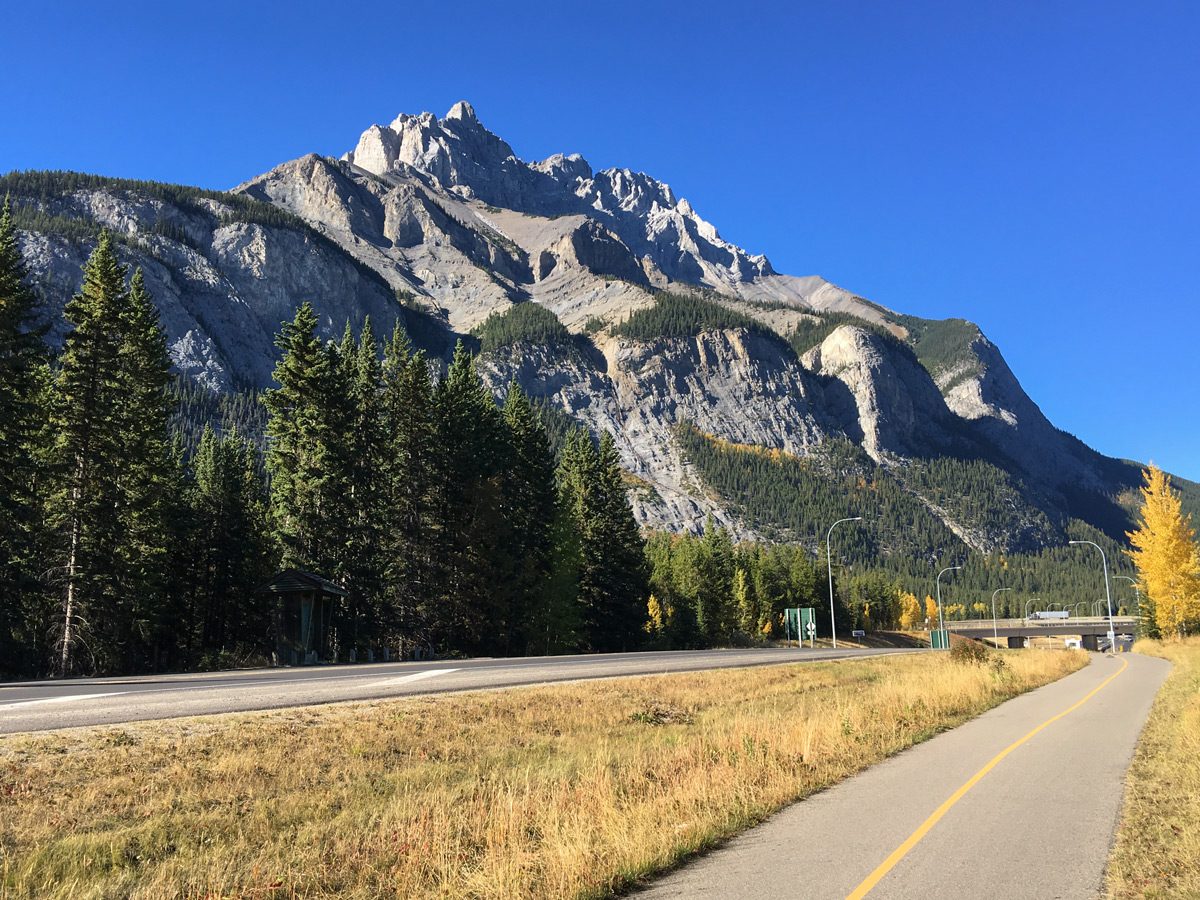 Beautiful trail on Legacy Trail from Canmore to Banff road biking route in the Canadian Rockies