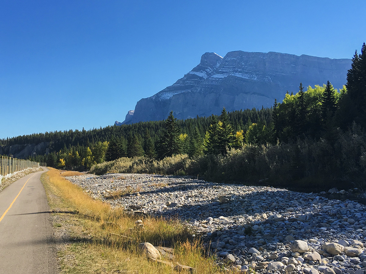 Great views on Legacy Trail from Canmore to Banff road biking route in the Canadian Rockies
