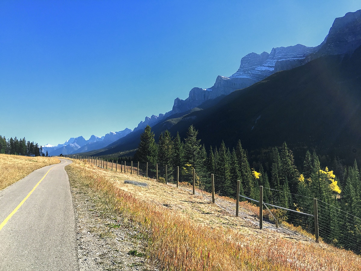 Beautiful mountains along Legacy Trail from Canmore to Banff road biking route in the Canadian Rockies