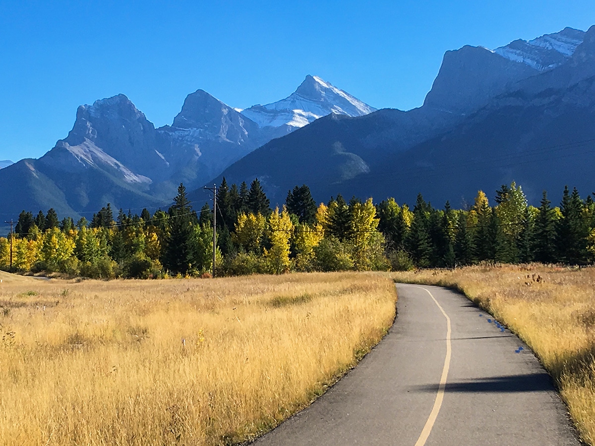 Three Sisters on Legacy Trail from Canmore to Banff road biking route in the Canadian Rockies