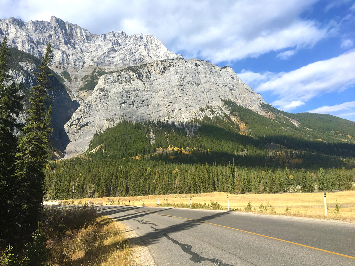 Ascending on Minnewanka Loop road biking route in Banff National Park