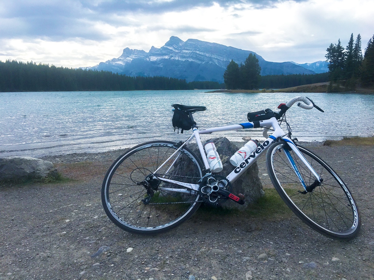 Cervelo at Two Jack Lake on Minnewanka Loop road biking route in Banff National Park