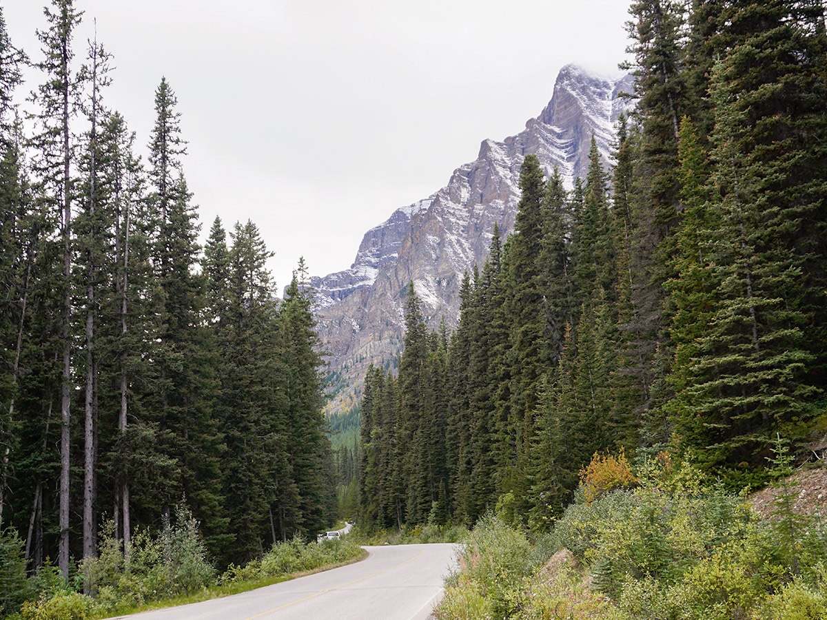 Great mountain views on Moraine Lake Road road biking route in Banff National Park, Alberta