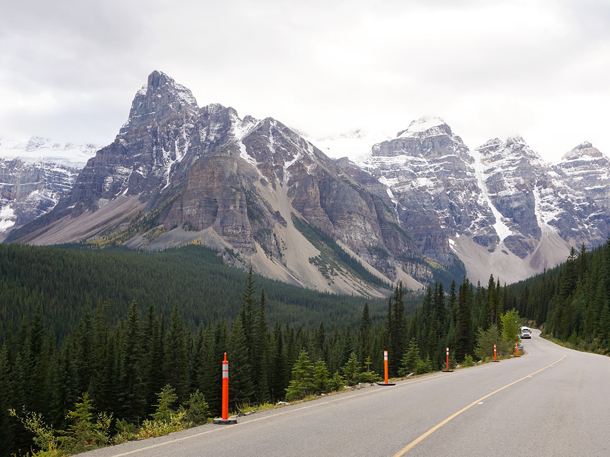 Expansive view on Moraine Lake Road road biking route in Banff National Park, Alberta