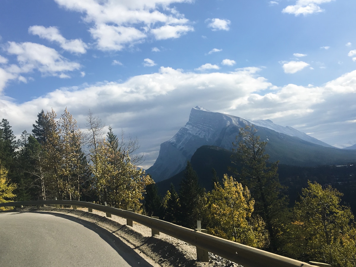 Amazing mountain scenery on Norquay Road road biking route in Banff National Park, the Canadian Rockies