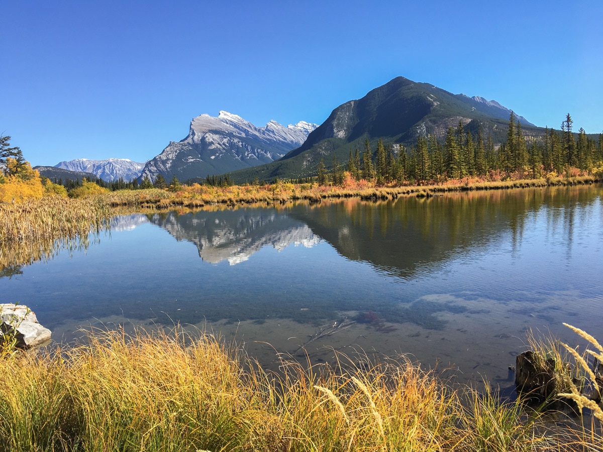 Mount Rundle behind Vermilion Lakes in Sunshine Road road biking route in Banff National Park