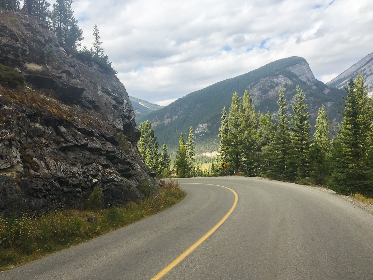 Riding down to the Banff Springs viewpoint on Tunnel Mountain Loop road biking route in Banff, the Canadian Rockies