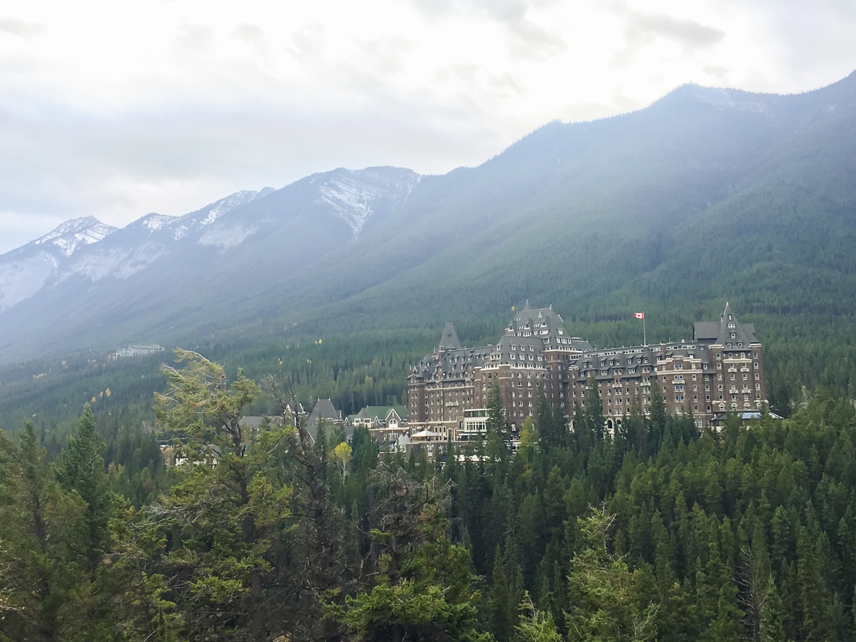View of Banff Springs from Surprise Corner on Tunnel Mountain Loop road biking route in Banff, the Canadian Rockies