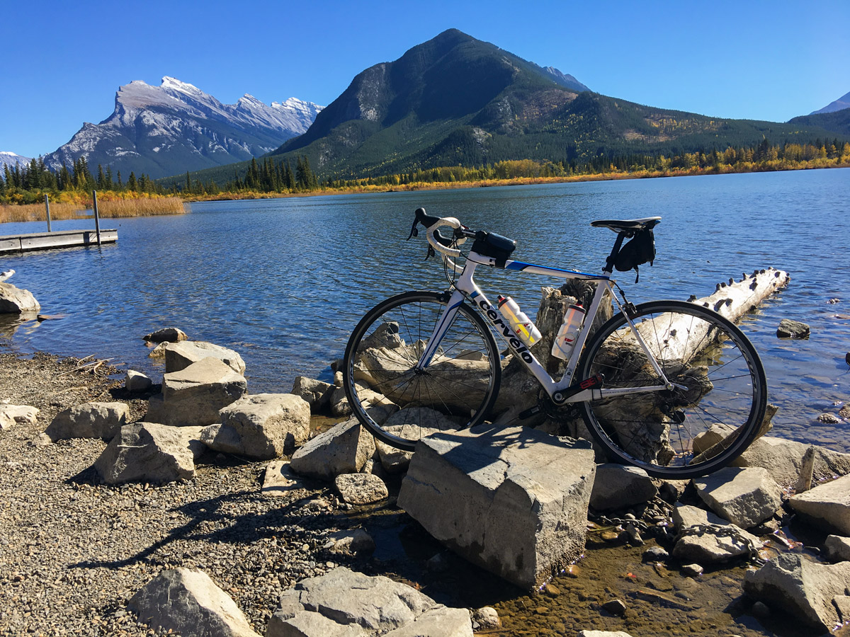 Beautiful views along the trail on Vermilion Lakes road biking route from Banff, the Canadian Rockies