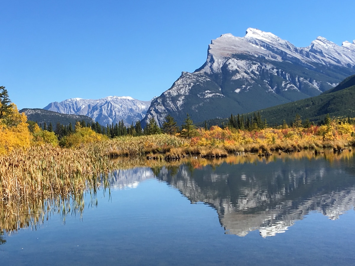 Incredible views of Vermilion Lakes road biking route from Banff, the Canadian Rockies