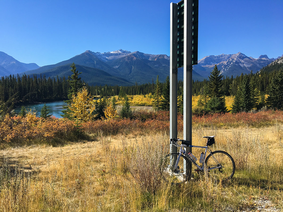 Overlooking the Bow River on Vermilion Lakes road biking route from Banff, the Canadian Rockies