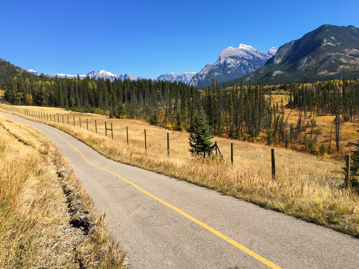 Amazing scenery on Vermilion Lakes road biking route from Banff, the Canadian Rockies