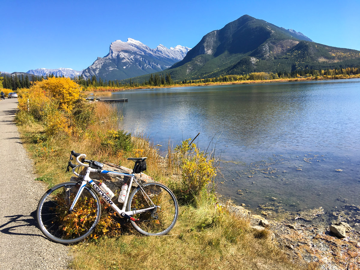 Stunning panorama on Vermilion Lakes road biking route from Banff, the Canadian Rockies