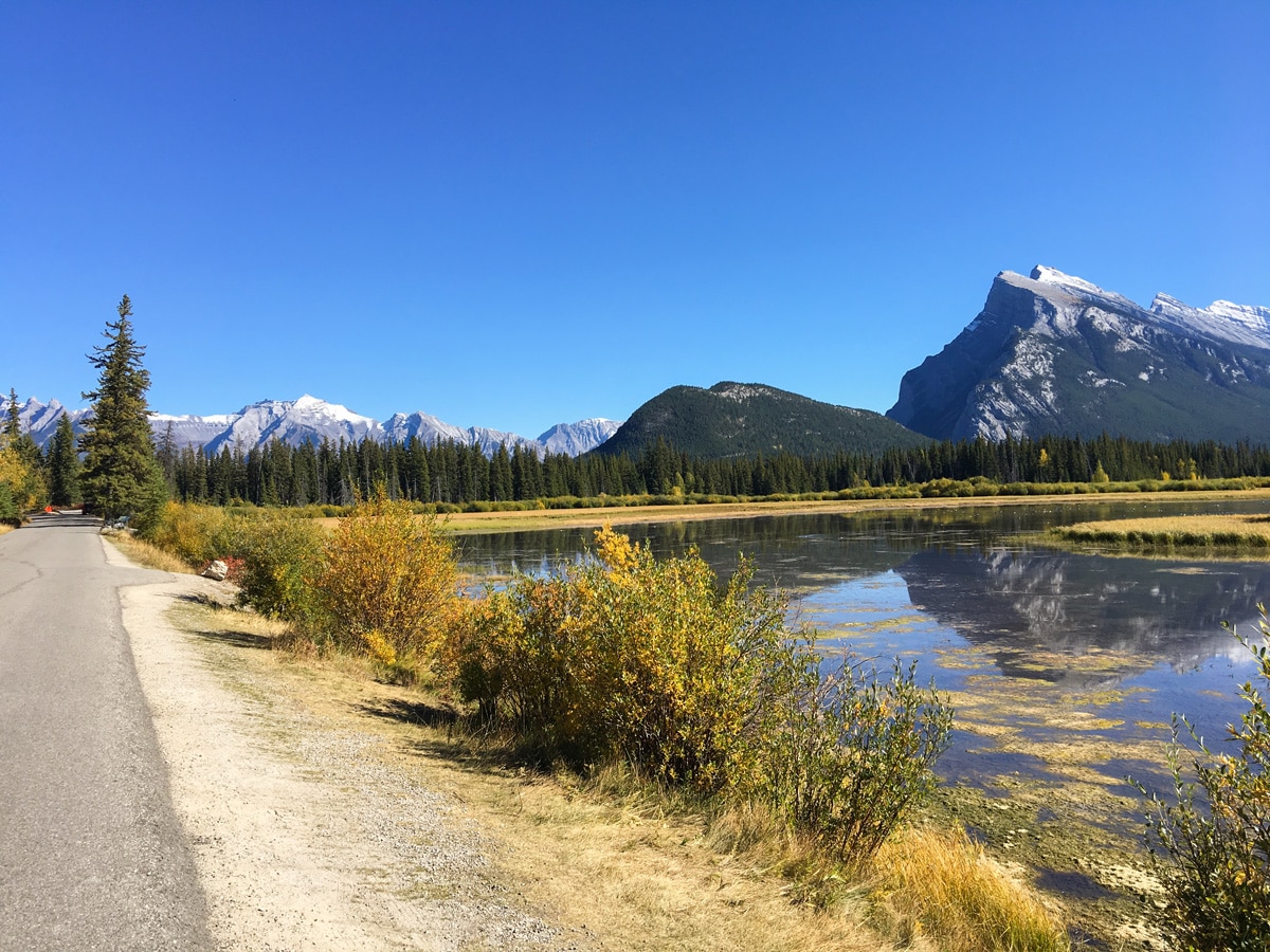 Approaching Banff on Vermilion Lakes road biking route in Banff National Park