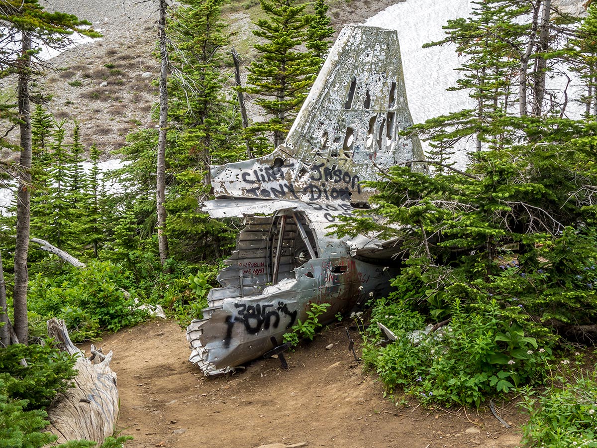 Remains of the plane crash on Mount Coulthard scramble in Castle Provincial Park, Alberta