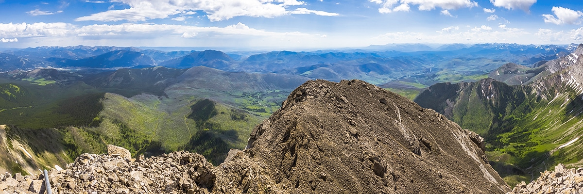 View east on Mount Coulthard scramble in Castle Provincial Park, Alberta