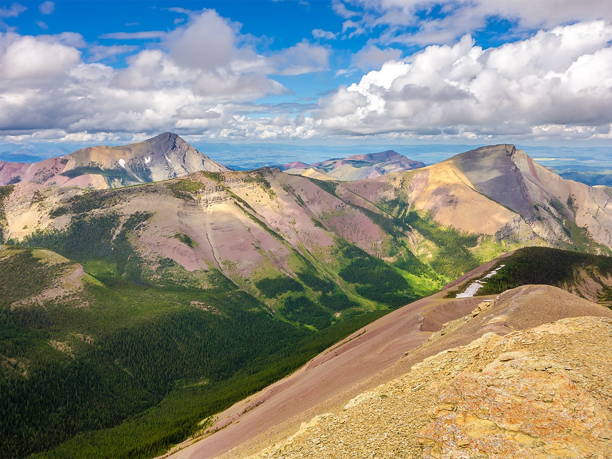 View from the summit on Drywood Mountain Traverse scramble in Castle Provincial Park, Alberta