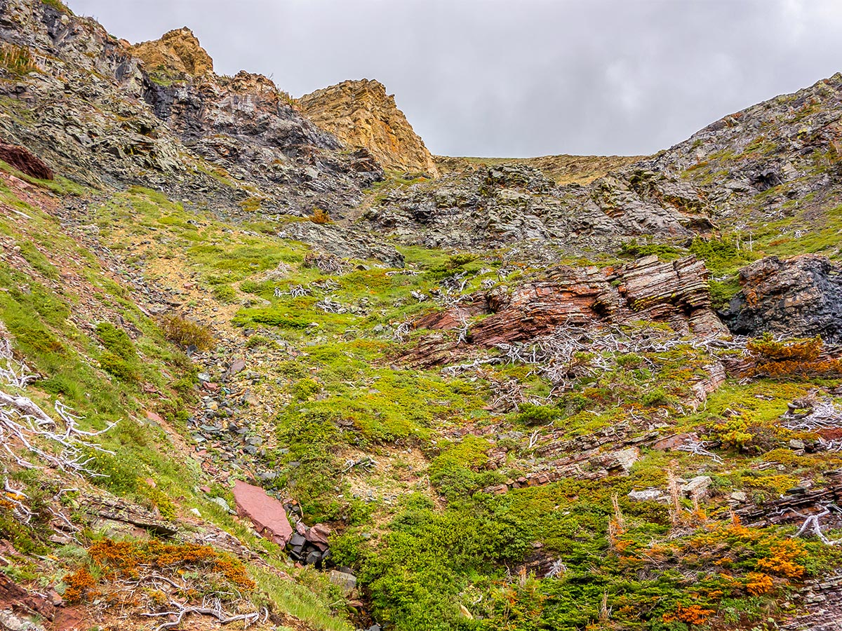 Going up the gully on Drywood Mountain Traverse scramble in Castle Provincial Park, Alberta