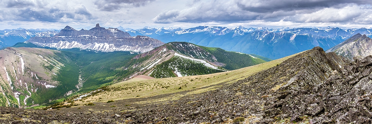 View southwest on Mount Gladstone scramble in Castle Provincial Park, Alberta