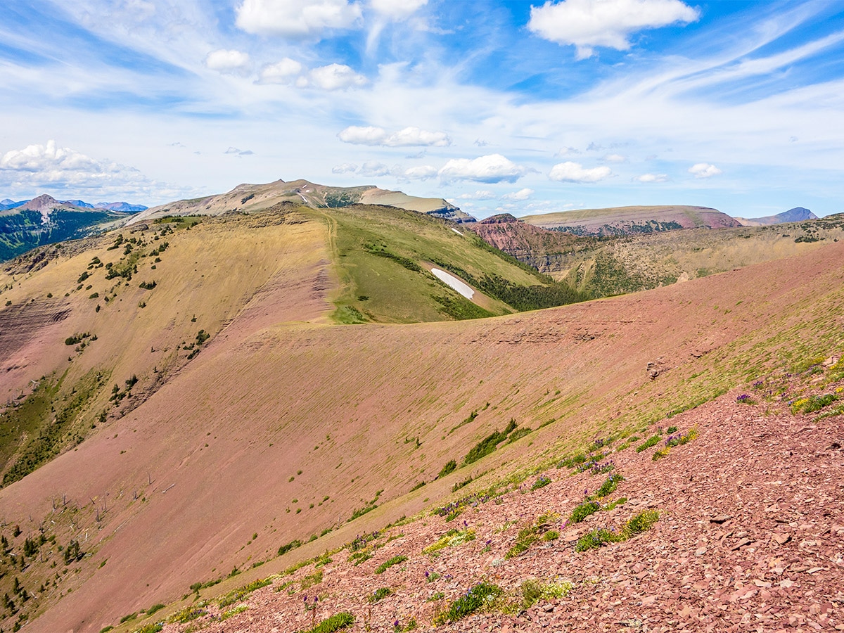 Descent from the pass on Loaf Mountain and Spionkop scramble in Castle Provincial Park, Alberta