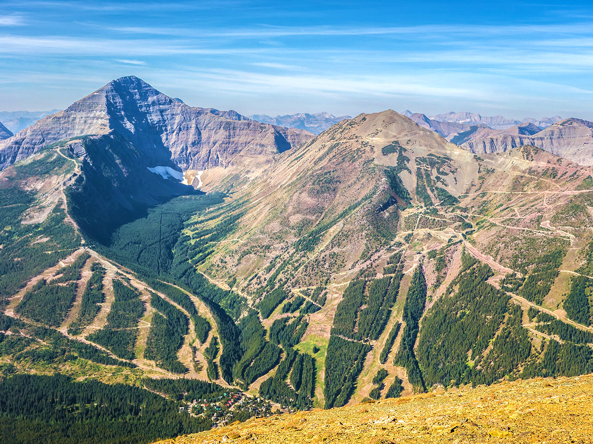 View of Castle Mountain Ski area on Southfork Mountain and Barnaby Ridge scramble in Castle Provincial Park, Alberta