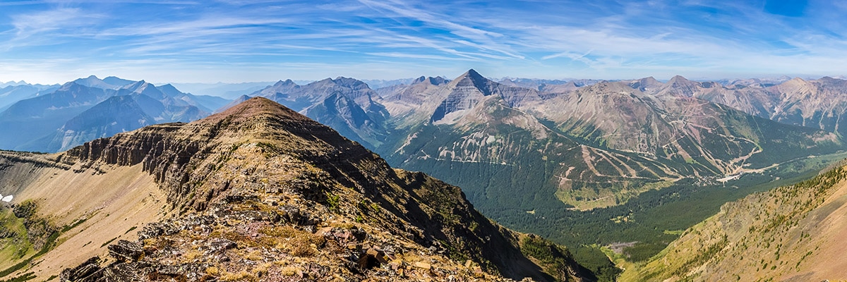 View west from the summit on Southfork Mountain and Barnaby Ridge scramble in Castle Provincial Park, Alberta