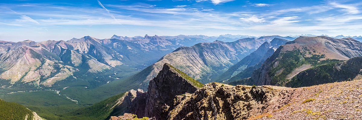 View southeast from Amoeba on Southfork Mountain and Barnaby Ridge scramble in Castle Provincial Park, Alberta