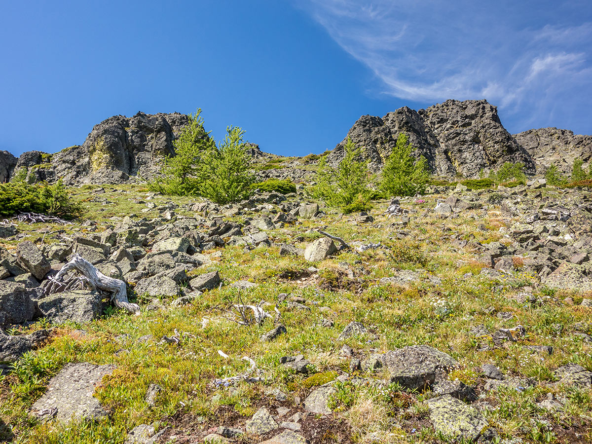 Cliff band on Syncline Mountain on Mount Coulthard scramble in Castle Provincial Park, Alberta