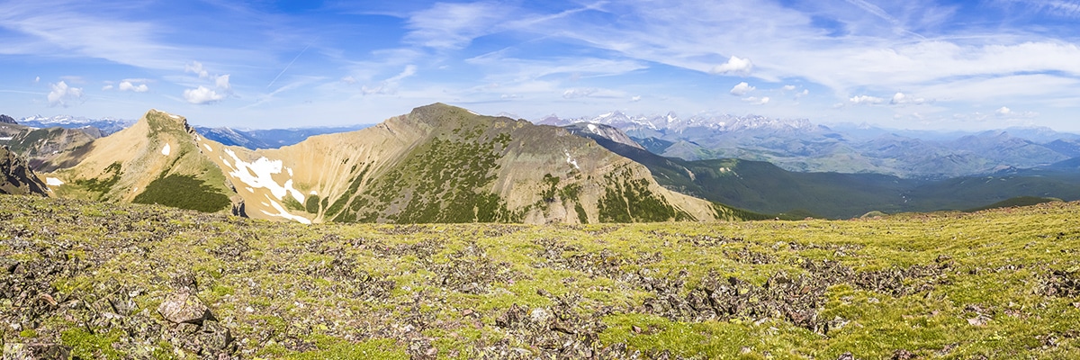 Summit views looking north on Syncline Mountain on Mount Coulthard scramble in Castle Provincial Park, Alberta