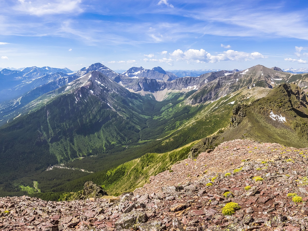 View west from the summit of Syncline Mountain on Mount Coulthard scramble in Castle Provincial Park, Alberta