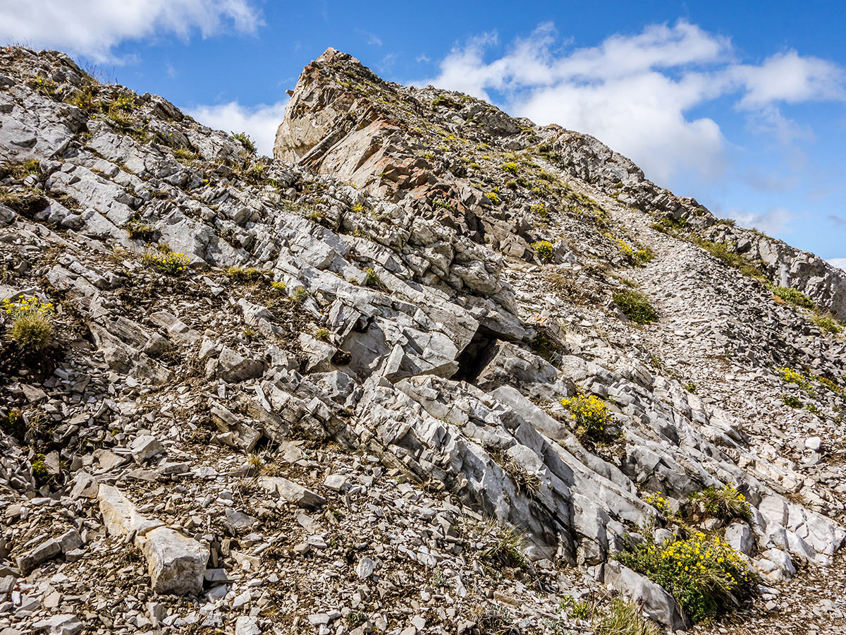 Great trail of Turtle Mountain scramble in Castle Provincial Park, Alberta