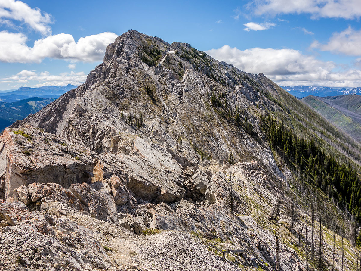 Hiking to the south summit of Turtle Mountain scramble in Castle Provincial Park, Alberta