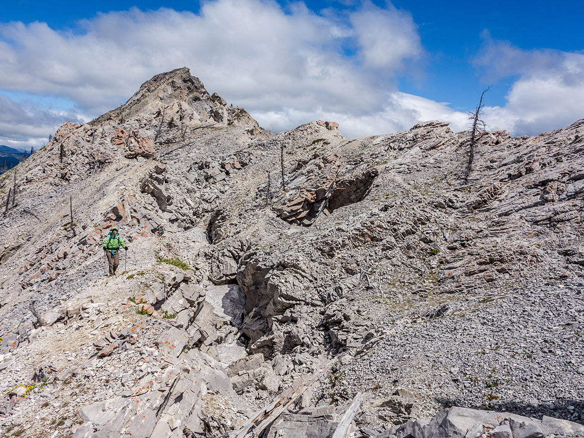 Trail between north and south summits on Turtle Mountain scramble in Castle Provincial Park, Alberta