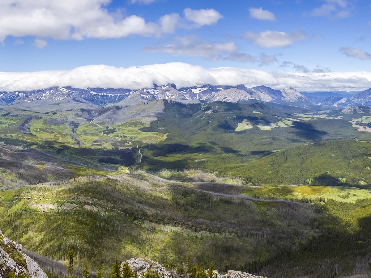 Views to the west on Turtle Mountain scramble in Castle Provincial Park, Alberta